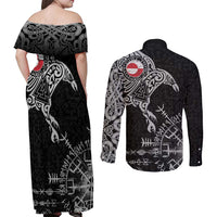 Greenland Viking Ravens Couples Matching Off Shoulder Maxi Dress and Long Sleeve Button Shirt Vegvisir Runes Pattern - Wonder Print Shop