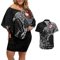 Greenland Viking Ravens Couples Matching Off Shoulder Short Dress and Hawaiian Shirt Vegvisir Runes Pattern - Wonder Print Shop