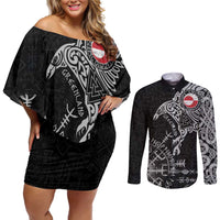 Greenland Viking Ravens Couples Matching Off Shoulder Short Dress and Long Sleeve Button Shirt Vegvisir Runes Pattern - Wonder Print Shop