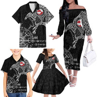 Greenland Viking Ravens Family Matching Off The Shoulder Long Sleeve Dress and Hawaiian Shirt Vegvisir Runes Pattern - Wonder Print Shop