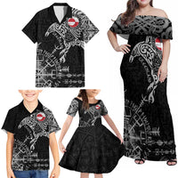 Greenland Viking Ravens Family Matching Off Shoulder Maxi Dress and Hawaiian Shirt Vegvisir Runes Pattern - Wonder Print Shop