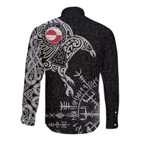 Greenland Viking Ravens Long Sleeve Button Shirt Vegvisir Runes Pattern - Wonder Print Shop