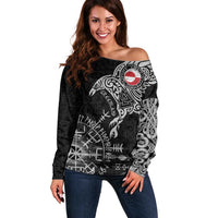 Greenland Viking Ravens Off Shoulder Sweater Vegvisir Runes Pattern - Wonder Print Shop