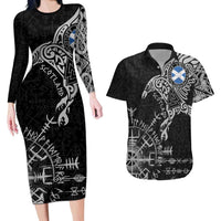 Scotland Viking Ravens Couples Matching Long Sleeve Bodycon Dress and Hawaiian Shirt Vegvisir Runes Pattern - Wonder Print Shop