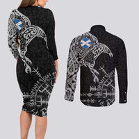 Scotland Viking Ravens Couples Matching Long Sleeve Bodycon Dress and Long Sleeve Button Shirt Vegvisir Runes Pattern - Wonder Print Shop
