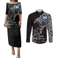 Scotland Viking Ravens Couples Matching Puletasi and Long Sleeve Button Shirt Vegvisir Runes Pattern - Wonder Print Shop