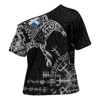 Scotland Viking Ravens Cross Shoulder Shirt Vegvisir Runes Pattern - Wonder Print Shop
