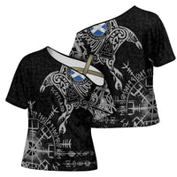 Scotland Viking Ravens Cross Shoulder Shirt Vegvisir Runes Pattern - Wonder Print Shop