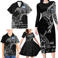 Scotland Viking Ravens Family Matching Long Sleeve Bodycon Dress and Hawaiian Shirt Vegvisir Runes Pattern - Wonder Print Shop
