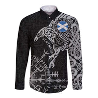 Scotland Viking Ravens Long Sleeve Button Shirt Vegvisir Runes Pattern - Wonder Print Shop