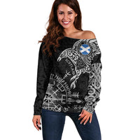 Scotland Viking Ravens Off Shoulder Sweater Vegvisir Runes Pattern - Wonder Print Shop