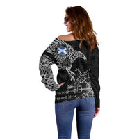 Scotland Viking Ravens Off Shoulder Sweater Vegvisir Runes Pattern - Wonder Print Shop