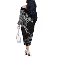 Scotland Viking Ravens Off The Shoulder Long Sleeve Dress Vegvisir Runes Pattern - Wonder Print Shop