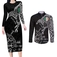 Ireland Viking Ravens Couples Matching Long Sleeve Bodycon Dress and Long Sleeve Button Shirt Vegvisir Runes Pattern - Wonder Print Shop