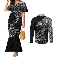 Ireland Viking Ravens Couples Matching Mermaid Dress and Long Sleeve Button Shirt Vegvisir Runes Pattern - Wonder Print Shop