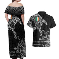 Ireland Viking Ravens Couples Matching Off Shoulder Maxi Dress and Hawaiian Shirt Vegvisir Runes Pattern - Wonder Print Shop