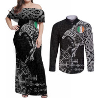 Ireland Viking Ravens Couples Matching Off Shoulder Maxi Dress and Long Sleeve Button Shirt Vegvisir Runes Pattern - Wonder Print Shop