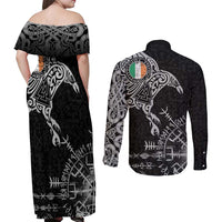 Ireland Viking Ravens Couples Matching Off Shoulder Maxi Dress and Long Sleeve Button Shirt Vegvisir Runes Pattern - Wonder Print Shop