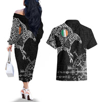Ireland Viking Ravens Couples Matching Off The Shoulder Long Sleeve Dress and Hawaiian Shirt Vegvisir Runes Pattern - Wonder Print Shop