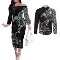 Ireland Viking Ravens Couples Matching Off The Shoulder Long Sleeve Dress and Long Sleeve Button Shirt Vegvisir Runes Pattern - Wonder Print Shop