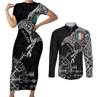 Ireland Viking Ravens Couples Matching Short Sleeve Bodycon Dress and Long Sleeve Button Shirt Vegvisir Runes Pattern - Wonder Print Shop