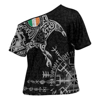 Ireland Viking Ravens Cross Shoulder Shirt Vegvisir Runes Pattern - Wonder Print Shop
