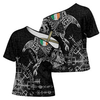 Ireland Viking Ravens Cross Shoulder Shirt Vegvisir Runes Pattern - Wonder Print Shop