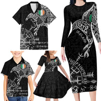 Ireland Viking Ravens Family Matching Long Sleeve Bodycon Dress and Hawaiian Shirt Vegvisir Runes Pattern - Wonder Print Shop