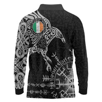 Ireland Viking Ravens Long Sleeve Polo Shirt Vegvisir Runes Pattern - Wonder Print Shop