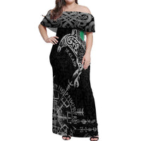 Ireland Viking Ravens Off Shoulder Maxi Dress Vegvisir Runes Pattern - Wonder Print Shop