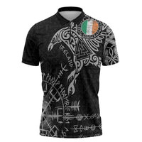 Ireland Viking Ravens Zipper Polo Shirt Vegvisir Runes Pattern - Wonder Print Shop
