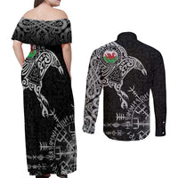 Wales Viking Ravens Couples Matching Off Shoulder Maxi Dress and Long Sleeve Button Shirt Vegvisir Runes Pattern - Wonder Print Shop