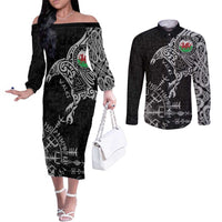 Wales Viking Ravens Couples Matching Off The Shoulder Long Sleeve Dress and Long Sleeve Button Shirt Vegvisir Runes Pattern - Wonder Print Shop