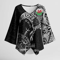 Wales Viking Ravens Kimono Sleeve Blouse Vegvisir Runes Pattern - Wonder Print Shop
