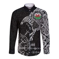 Wales Viking Ravens Long Sleeve Button Shirt Vegvisir Runes Pattern - Wonder Print Shop