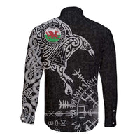 Wales Viking Ravens Long Sleeve Button Shirt Vegvisir Runes Pattern - Wonder Print Shop