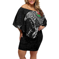 Wales Viking Ravens Off Shoulder Short Dress Vegvisir Runes Pattern - Wonder Print Shop