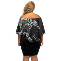 Wales Viking Ravens Off Shoulder Short Dress Vegvisir Runes Pattern - Wonder Print Shop