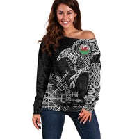 Wales Viking Ravens Off Shoulder Sweater Vegvisir Runes Pattern - Wonder Print Shop