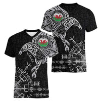 Wales Viking Ravens Women V-Neck T-Shirt Vegvisir Runes Pattern - Wonder Print Shop