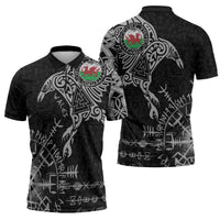 Wales Viking Ravens Zipper Polo Shirt Vegvisir Runes Pattern - Wonder Print Shop