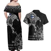 Finland Viking Ravens Couples Matching Off Shoulder Maxi Dress and Hawaiian Shirt Vegvisir Runes Pattern - Wonder Print Shop