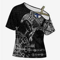 Finland Viking Ravens Cross Shoulder Shirt Vegvisir Runes Pattern - Wonder Print Shop