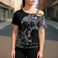 Finland Viking Ravens Cross Shoulder Shirt Vegvisir Runes Pattern - Wonder Print Shop