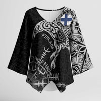 Finland Viking Ravens Kimono Sleeve Blouse Vegvisir Runes Pattern - Wonder Print Shop