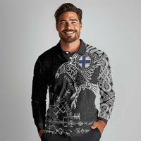 Finland Viking Ravens Long Sleeve Polo Shirt Vegvisir Runes Pattern - Wonder Print Shop
