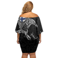 Finland Viking Ravens Off Shoulder Short Dress Vegvisir Runes Pattern - Wonder Print Shop