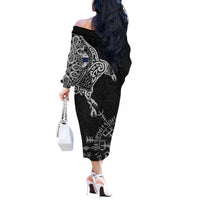 Finland Viking Ravens Off The Shoulder Long Sleeve Dress Vegvisir Runes Pattern - Wonder Print Shop