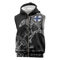 Finland Viking Ravens Sleeveless Zip Hoodie Vegvisir Runes Pattern - Wonder Print Shop