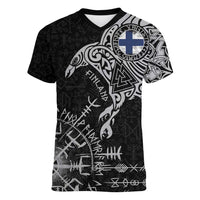 Finland Viking Ravens Women V-Neck T-Shirt Vegvisir Runes Pattern - Wonder Print Shop
